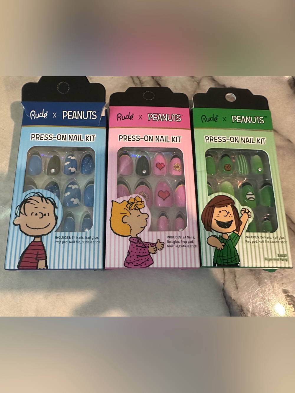 RUDE x PEANUTS Press-On Nail Kits in Blue, Pink & Green